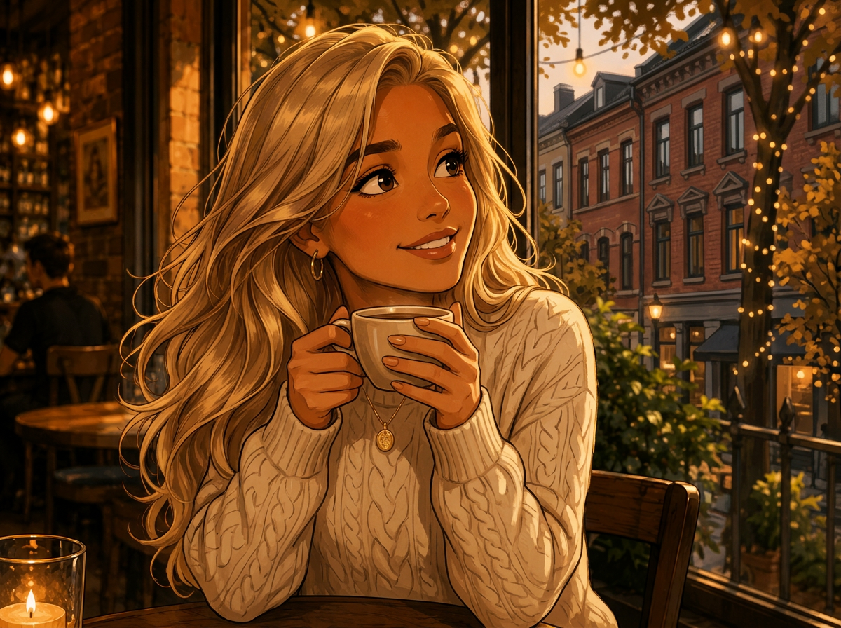 Par på en romantisk date i en varm kafé i Oslo ved solnedgang