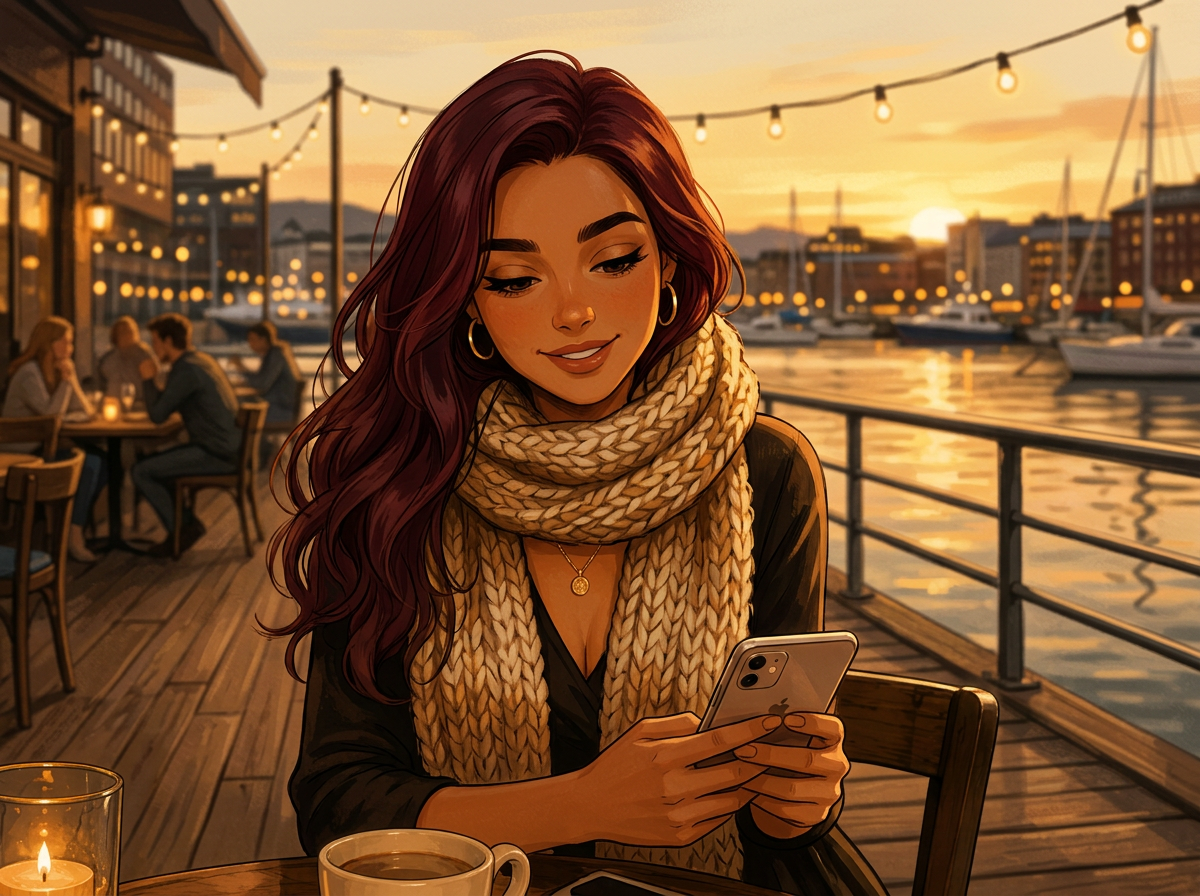Ung kvinne som sveiper i en datingapp på Aker Brygge ved solnedgang
